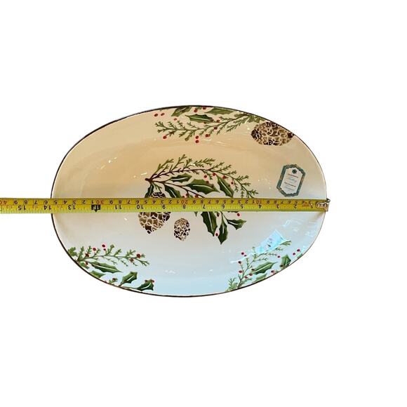 Papart Handpainted Turkish Serving Bowl 14x9 Ceramic Holiday Pinecone Holly NEW - Picture 6 of 15